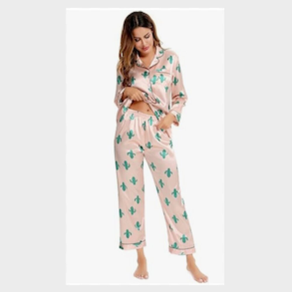 Swomog Silk Satin Pajama Set Long Sleeve Button Down Cactus Design  Large